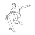 Continuous line drawing of man playing skateboard