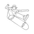 Continuous line drawing of man playing skateboard