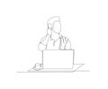 Continuous line drawing of man sitting calling using a phone. a cup of coffee and a laptop on the table