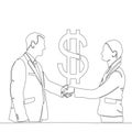 Continuous line drawing Man and woman in business suits shake hands monetary contract dollar symbol concept Royalty Free Stock Photo