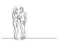 Continuous line drawing of man and woman discussing