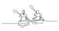 Continuous line drawing of man and woman kayaking on beautiful lake waters