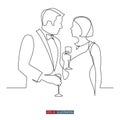 Continuous line drawing of Man and woman standing with glasses of wine. Scene at a wedding, party, or restaurant. Template for Royalty Free Stock Photo