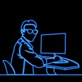 Continuous line drawing man works at the computer icon neon glow concept Royalty Free Stock Photo