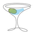 Continuous line drawing. Martini in glass with olive. Isolated on white background. Hand drawn vector illustration Royalty Free Stock Photo