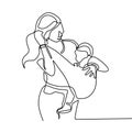 Continuous line drawing of mother and baby. Fashionable mom still young carry her son