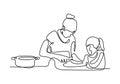 Continuous line drawing of mother and daughter cooking a food. Vector family time one hand drawn single sketch illustration