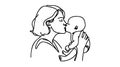 Continuous line drawing mother kisses baby. One line drawing of mother and her child