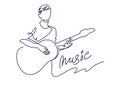 Continuous line drawing of musician plays acoustic guitar vector illustration isolated on white. Musical concept for