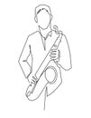 Continuous line drawing of musician plays saxophone vector illustration isolated on white. Royalty Free Stock Photo