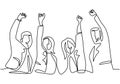 Continuous line drawing of office worker hands up and jumping happy. Young businessman and businesswoman expresses about success Royalty Free Stock Photo