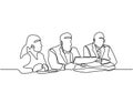 continuous line drawing of office workers at business meeting. Group of people collaborate and discuss a strategy