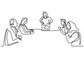 continuous line drawing of office workers at business meeting, Teamwork with group of man and woman. Vector illustration training Royalty Free Stock Photo