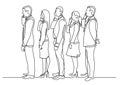 Continuous line drawing of office workers standing in line making phone calls