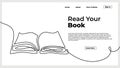 Continuous line drawing open book with flying pages. illustration education supplies back to school theme for landing page website Royalty Free Stock Photo