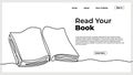 Continuous line drawing open book with flying pages. illustration education supplies back to school theme for landing page website