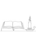 Continuous line drawing Open paper book and burning candle, cozy atmosphere, knowledge and literature concept