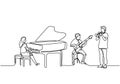 Continuous line drawing of orchestra music performance. Piano, guitar, and trumpet clarinet player. Musician artist concept single