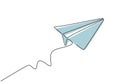 Continuous line drawing of paper airplane. Craft plane business metaphor hand drawn sketch minimalism and simplicity style