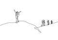 Continuous line drawing of people hiking climb a mountain peak. He celebrate of happiness and freedom