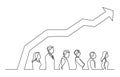 Continuous line drawing of people standing in line with increasing graph Royalty Free Stock Photo