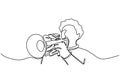 Continuous line drawing of person playing cornet. A brass instrument similar to the trumpet vector illustration jazz theme