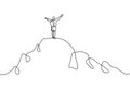 Continuous line drawing of person rising hands after climbing a peak of mountain. Concept of happy success achieving goals theme