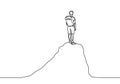 Continuous line drawing of person standing on peak of mountain. Concept of happy success achieving goals theme