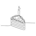 Continuous line drawing. Piece of birthday cake with candle. Royalty Free Stock Photo