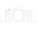 Continuous line drawing of plate, knife, and fork. Minimalism hand drawn one lineart minimalist dinner theme vector Royalty Free Stock Photo