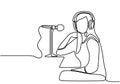 Continuous line drawing podcast girl. Young woman as a presenter or guest podcast sits and speaks into a microphone cheerfully. Royalty Free Stock Photo