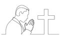 Continuous line drawing of praying man with christian cross