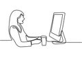 Continuous line drawing of professional young business woman using computer laptop work. Professional young manager girl working