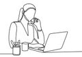 Continuous line drawing of professional young business woman using laptop. Depicting beautiful girl work from home during pandemic