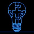 Continuous line drawing Puzzle lightbulb team idea icon neon glow vector illustration concept