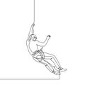 Continuous line drawing of rock climbing sport. Person climb up across wall