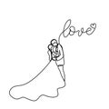 Continuous line drawing of romantic couple in weeding dress vector illustration with love text