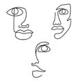 Continuous line drawing set. Abstract woman portrait. One line face art vector illustration. Female linear contour Royalty Free Stock Photo