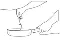 Continuous line drawing of Side view of chef hand holding a frying pan preparing food. Cooking action concept. one line