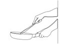 Continuous line drawing of Side view of chef hand holding a frying pan preparing food. Cooking action concept. one line