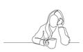 Continuous line drawing of sitting dreaming woman with cup of tea