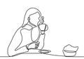 Continuous line drawing of sitting dreaming woman with cup of tea. Young beautiful woman relaxing with cup of tea or coffee. A