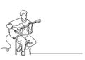 Continuous line drawing of sitting guitarist playing guitar