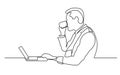 Continuous line drawing of sitting man watching laptop computer drinking coffee