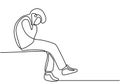Continuous line drawing of sitting young man thinking his problem. Upset male in trouble. Depression of businessman after lose a