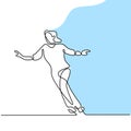 Continuous line drawing of skating girl. Beautiful woman playing ice skater while dancing in the ice area isolated on white