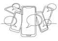 Continuous line drawing of social media on mobile phones Royalty Free Stock Photo