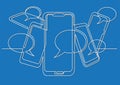 Continuous line drawing of social media on mobile phones Royalty Free Stock Photo