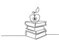 Continuous line drawing. Stack of books with apple