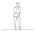 Continuous line drawing of standing confident woman. continuous line drawing of happy woman posing in dress. One single line